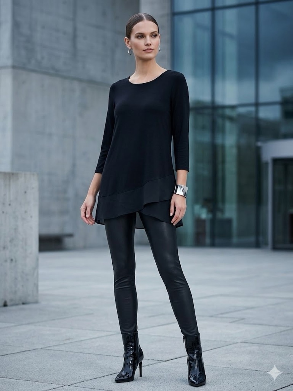 Vince Camuto Women’s Black Layered Hem Tunic Top 3/4 Sleeve Asymmetrical Size XS